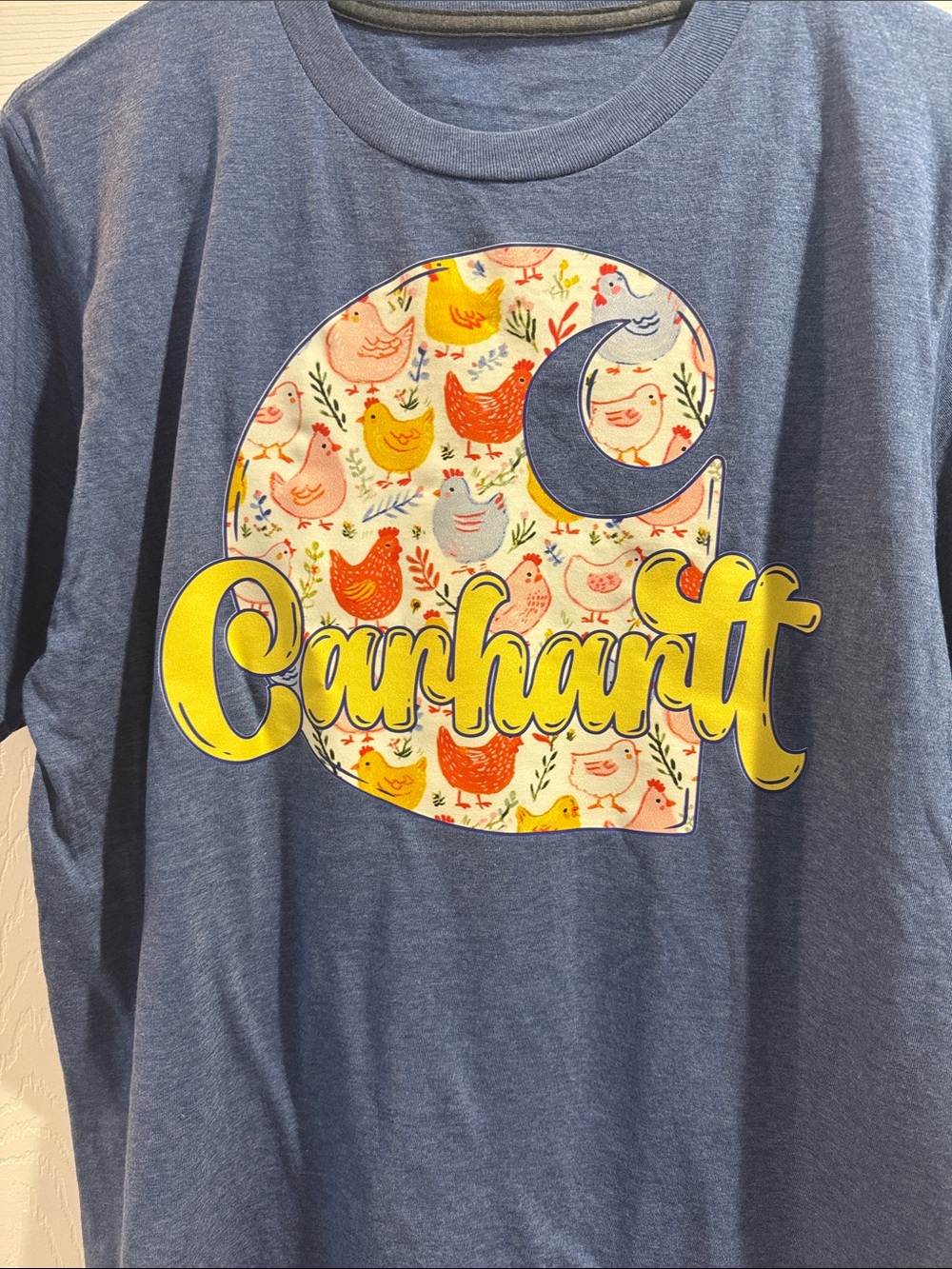 Women’s Blue Tee with Yellow Script and Multicolor Chick Print